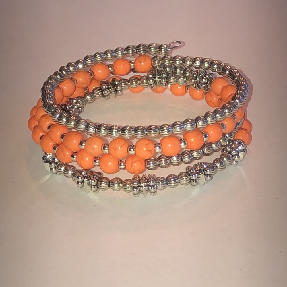 Orange Beaded Boho Wrap Bracelet with Silver Tone Accent Beads